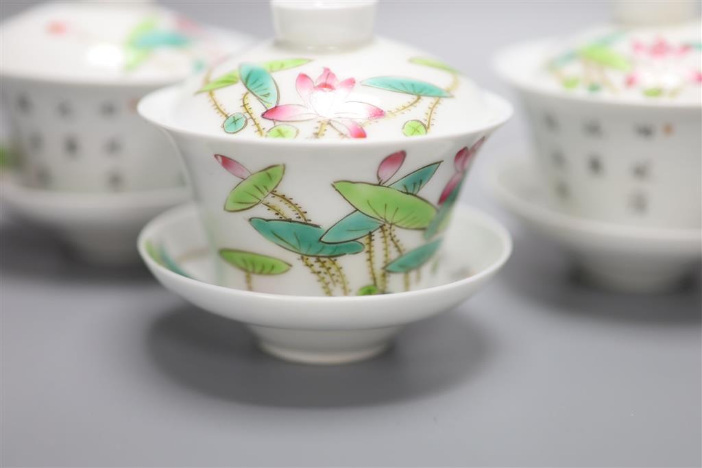 Five Chinese famille rose rice bowl, covers and stands